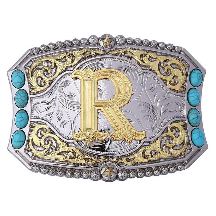 Cintura in pelle con fibbia decorativa con lettera iniziale turchese fai da te - R - Senza cintura - image 18