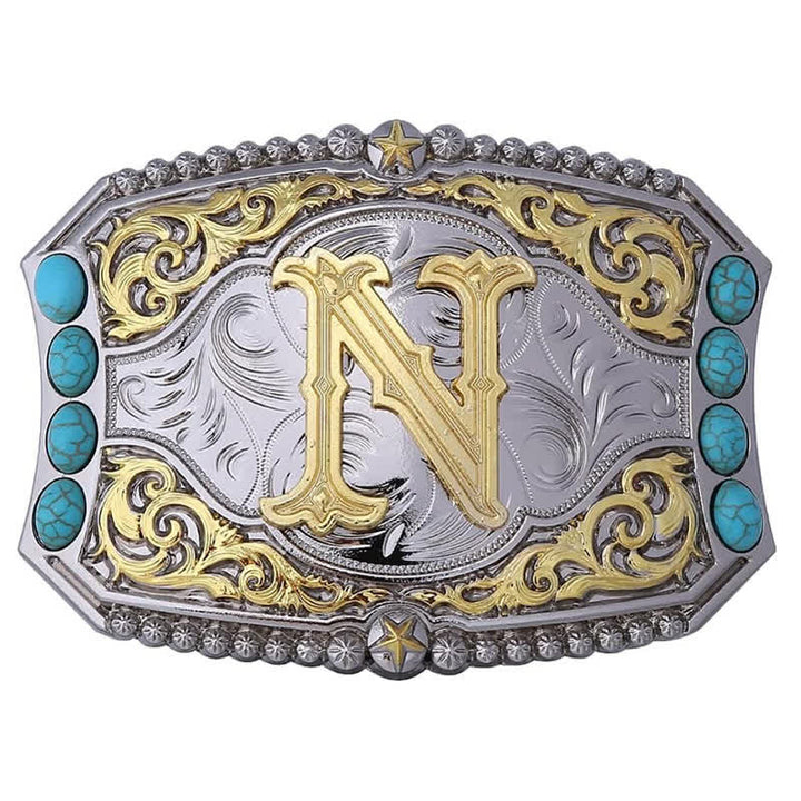 Cintura in pelle con fibbia decorativa con lettera iniziale turchese fai da te - N - Senza cintura - image 15