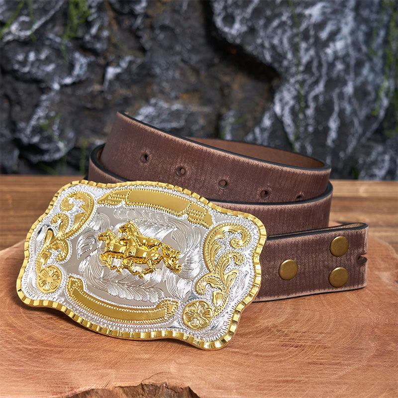 Cintura in pelle con fibbia da cowboy fai da te con tre cavalli al galoppo - Tre cavalli al galoppo - Cintura marrone anticata - 42 - image 6