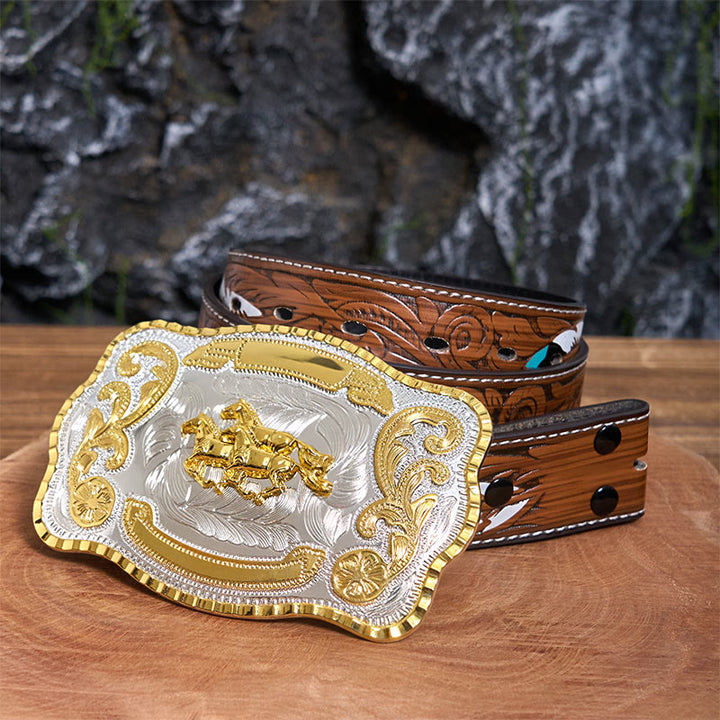 Cintura in pelle con fibbia da cowboy fai da te con tre cavalli al galoppo - Tre cavalli al galoppo - Cintura di piume marroni - 40 - image 8