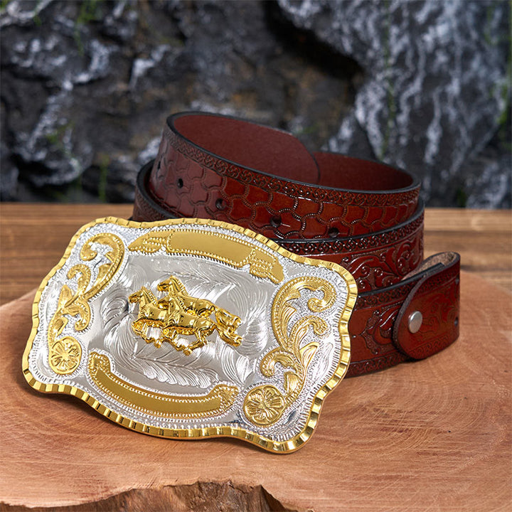 Cintura in pelle con fibbia da cowboy fai da te con tre cavalli al galoppo - Tre cavalli al galoppo - Cintura marrone intagliata - 42 - image 7