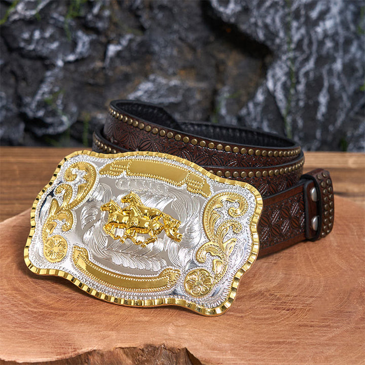 Cintura in pelle con fibbia da cowboy fai da te con tre cavalli al galoppo - Tre cavalli al galoppo - Cintura con rivetti marroni - 42 - image 5