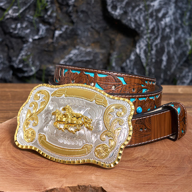 Cintura in pelle con fibbia da cowboy fai da te con tre cavalli al galoppo - Tre cavalli al galoppo - Cintura intagliata turchese - 42 - image 4