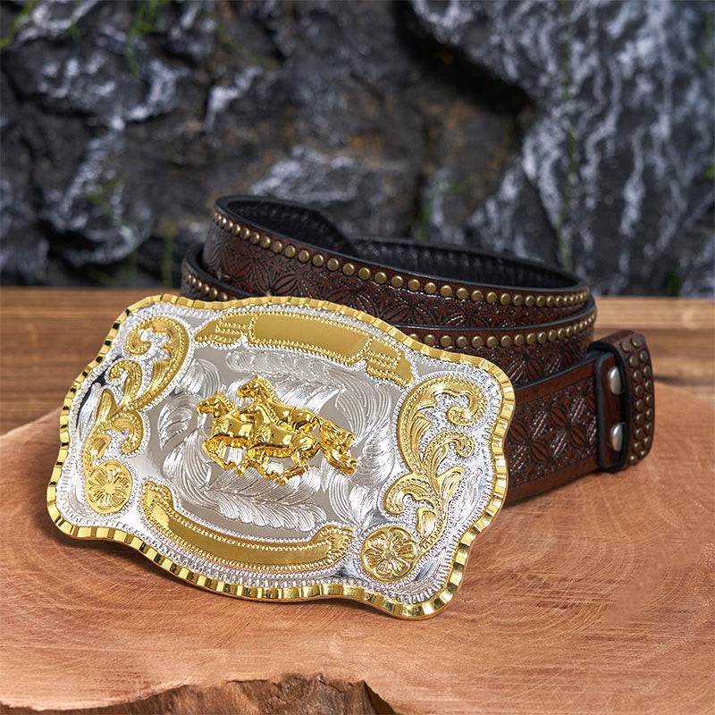 Cintura in pelle con fibbia da cowboy fai da te con tre cavalli al galoppo - Tre cavalli al galoppo - Cintura con rivetti marroni - 42 - image 5