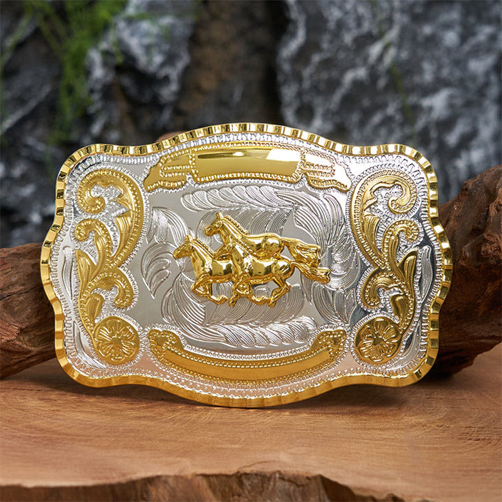 Cintura in pelle con fibbia da cowboy fai da te con tre cavalli al galoppo - Tre cavalli al galoppo - Senza cintura - Cintura non inclusa - image 0