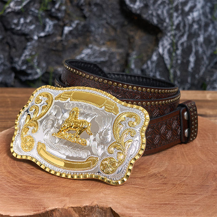 Cintura in pelle con fibbia da cowboy fai da te a forma di cavallo dorato galante - Cavallo galante - Cintura con rivetti marroni - 42 - image 5