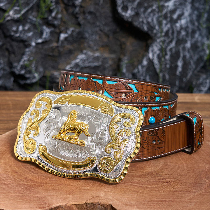 Cintura in pelle con fibbia da cowboy fai da te a forma di cavallo dorato galante - Cavallo galante - Cintura intagliata turchese - 42 - image 4