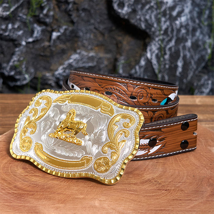 Cintura in pelle con fibbia da cowboy fai da te a forma di cavallo dorato galante - Cavallo galante - Cintura di piume marroni - 40 - image 8