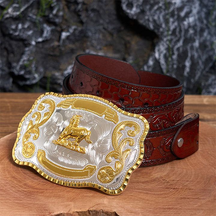 Cintura in pelle con fibbia da cowboy fai da te a forma di cavallo dorato galante - Cavallo galante - Cintura marrone intagliata - 42 - image 7