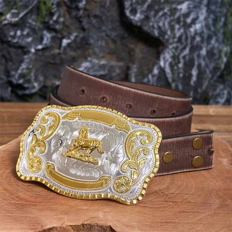 Cintura in pelle con fibbia da cowboy fai da te a forma di cavallo dorato galante - Cavallo galante - Cintura marrone anticata - 42 - image 6
