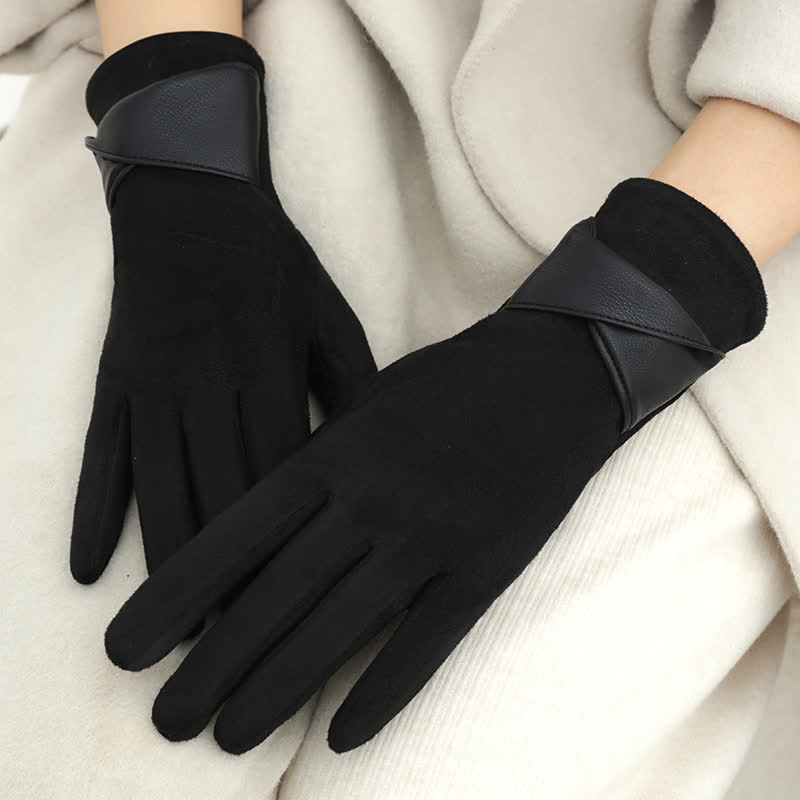 Guanti da donna in pelle scamosciata con fodera in pile caldo, tinta unita - Nero - image 17