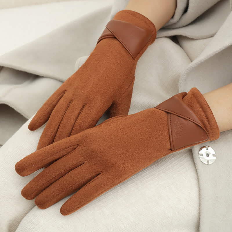 Guanti da donna in pelle scamosciata con fodera in pile caldo, tinta unita - Caramello - image 10