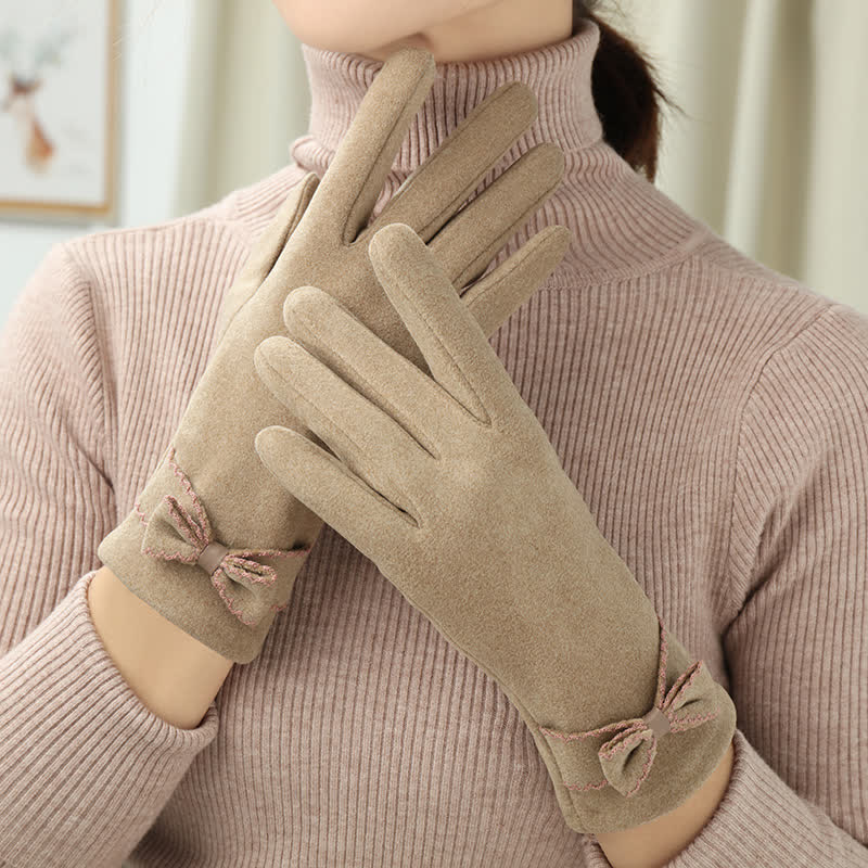 Guanti da donna con fiocco e dita intere - Cachi - image 0