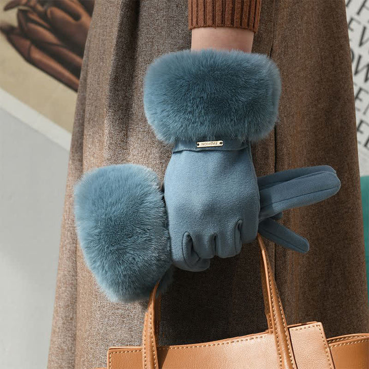 Guanti da donna caldi e soffici con touch screen e polso in peluche - Ciano scuro - image 7