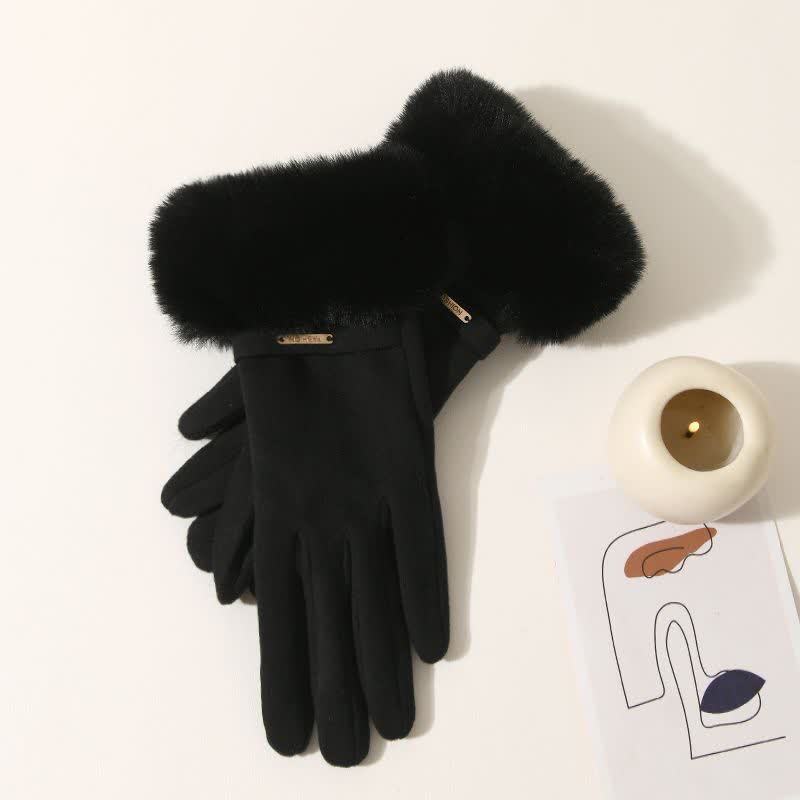 Guanti da donna caldi e soffici con touch screen e polso in peluche - Nero - image 9