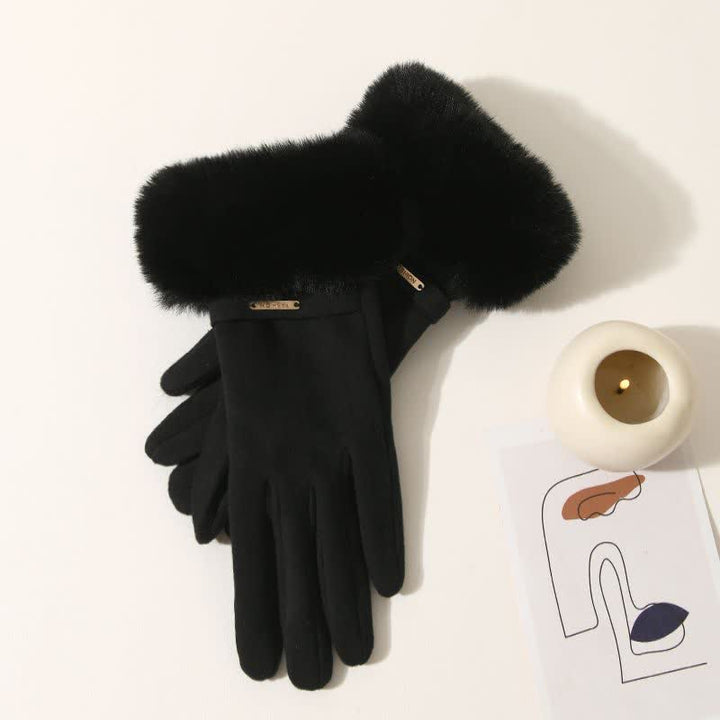Guanti da donna caldi e soffici con touch screen e polso in peluche - Nero - image 9