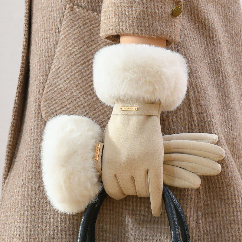 Guanti da donna caldi e soffici con touch screen e polso in peluche - Avorio - image 0