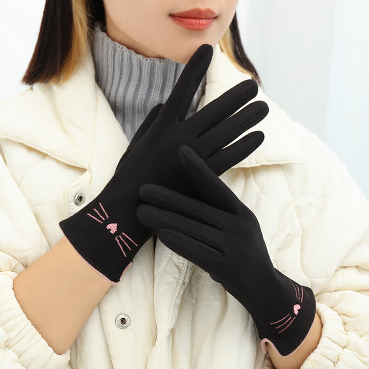 Guanti da donna con punta delle dita touch screen e ricamo di un simpatico gatto - Nero - image 9