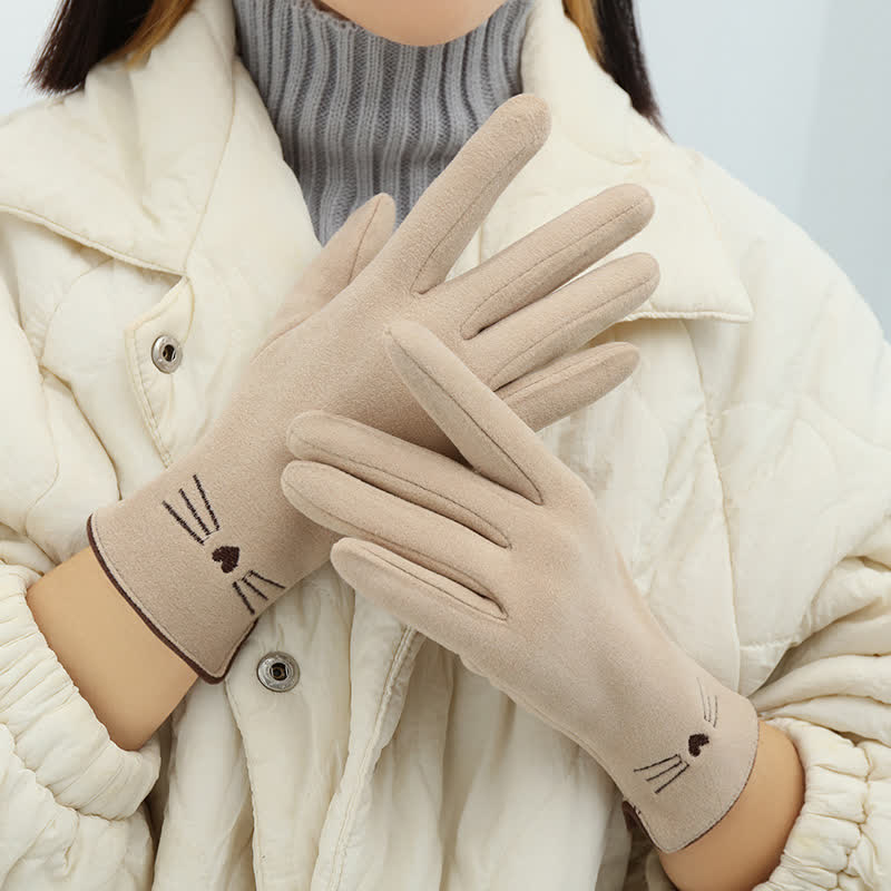 Guanti da donna con punta delle dita touch screen e ricamo di un simpatico gatto - Avorio - image 11