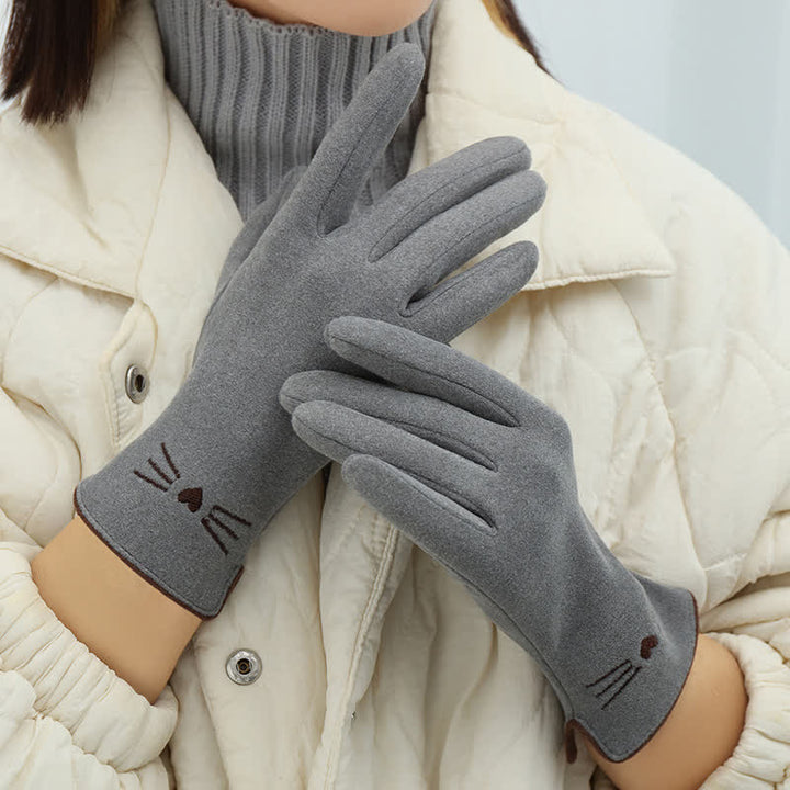 Guanti da donna con punta delle dita touch screen e ricamo di un simpatico gatto - Grigio - image 3