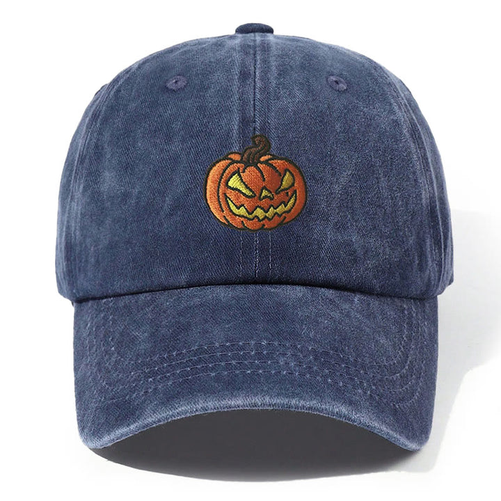 Cappello da baseball lavato con testa di zucca di Halloween ricamata - Blu navy - Regolabile (21 5/8"-22 7/8") - image 5