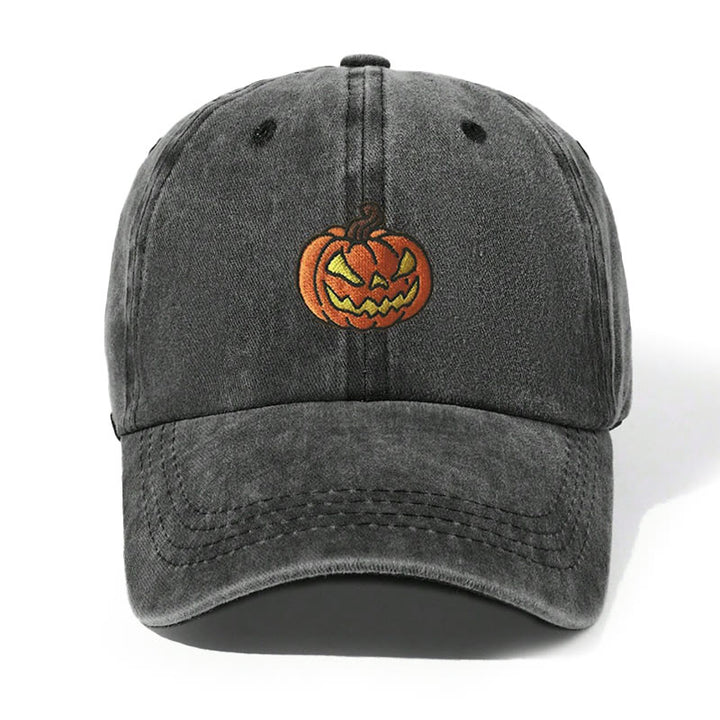 Cappello da baseball lavato con testa di zucca di Halloween ricamata - Nero - Regolabile (21 5/8"-22 7/8") - image 0