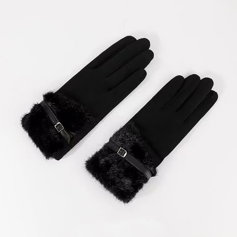 Guanti da donna in pelle scamosciata con polsino in peluche e decorazioni in metallo - Nero - image 3