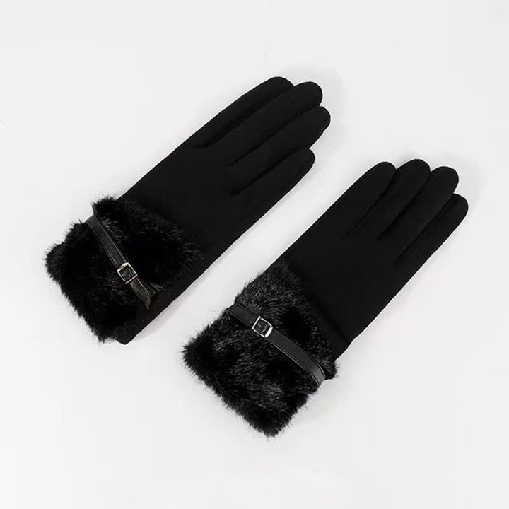 Guanti da donna in pelle scamosciata con polsino in peluche e decorazioni in metallo - Nero - image 3