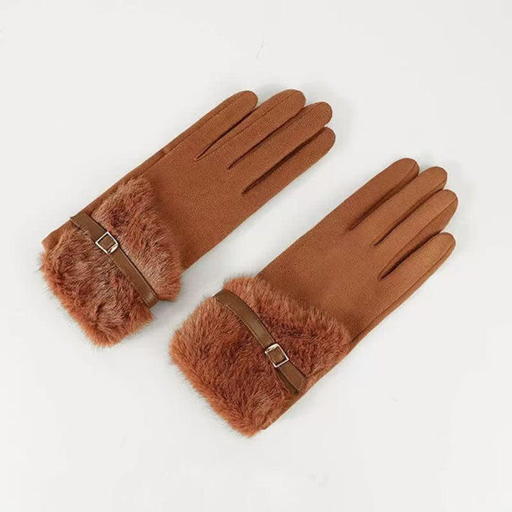 Guanti da donna in pelle scamosciata con polsino in peluche e decorazioni in metallo - Caramello - image 4
