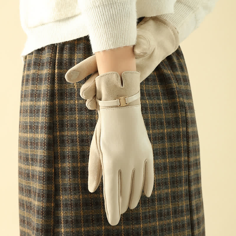 Guanti invernali eleganti in pelle scamosciata con fibbia in metallo da donna - Avorio - image 0