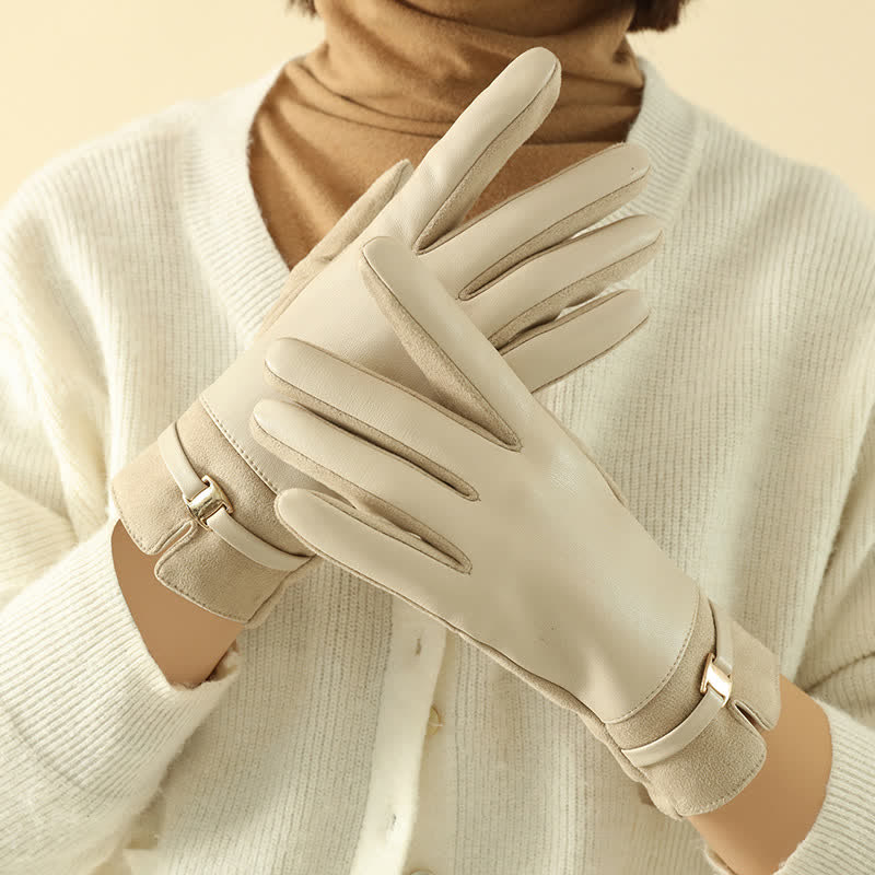 Guanti invernali eleganti in pelle scamosciata con fibbia in metallo da donna - image 1