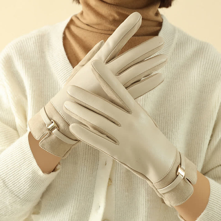 Guanti invernali eleganti in pelle scamosciata con fibbia in metallo da donna - image 1