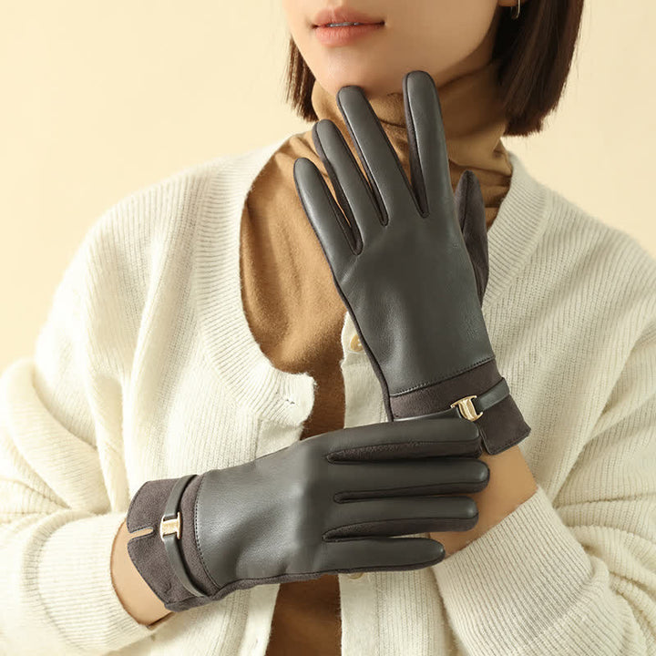 Guanti invernali eleganti in pelle scamosciata con fibbia in metallo da donna - Grigio - image 10