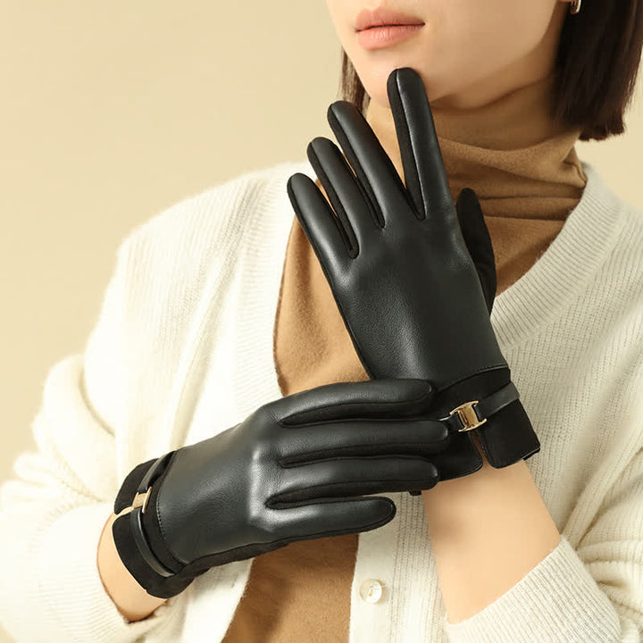 Guanti invernali eleganti in pelle scamosciata con fibbia in metallo da donna - Nero - image 8
