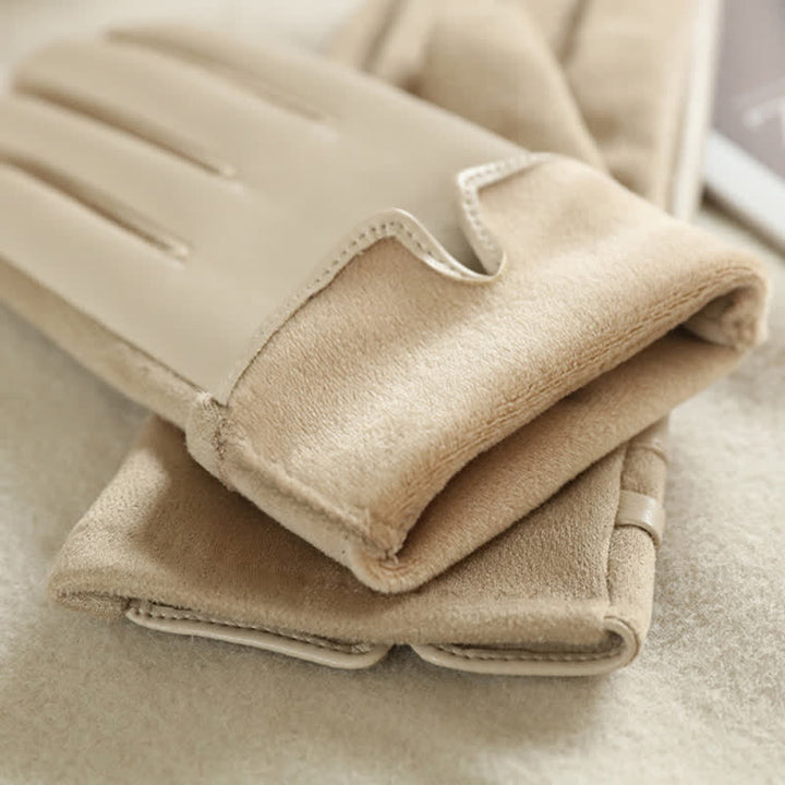 Guanti invernali eleganti in pelle scamosciata con fibbia in metallo da donna - image 6