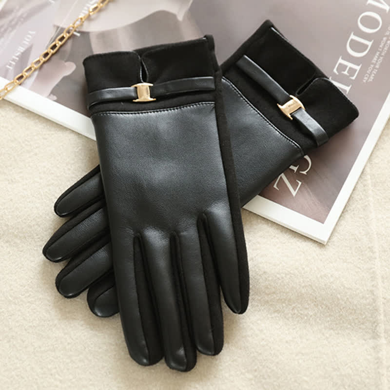Guanti invernali eleganti in pelle scamosciata con fibbia in metallo da donna - image 9