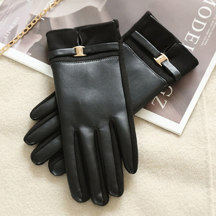 Guanti invernali eleganti in pelle scamosciata con fibbia in metallo da donna - image 9