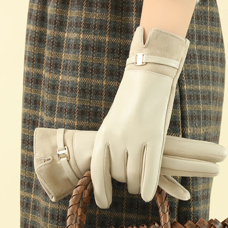 Guanti invernali eleganti in pelle scamosciata con fibbia in metallo da donna - image 4