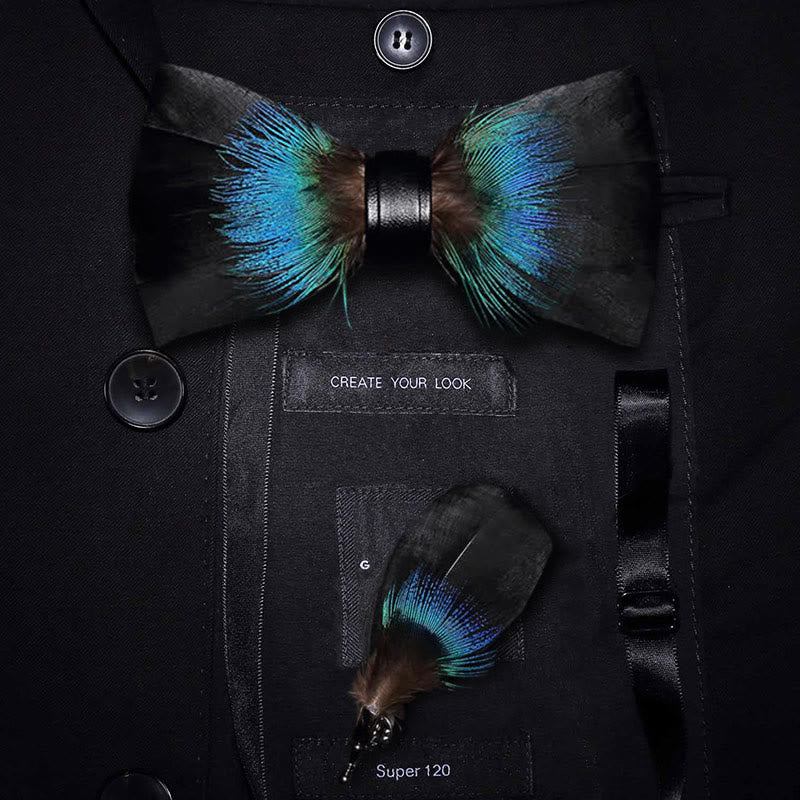 Papillon versatile in piuma nero e blu con spilla da bavero - Adulto - image 0