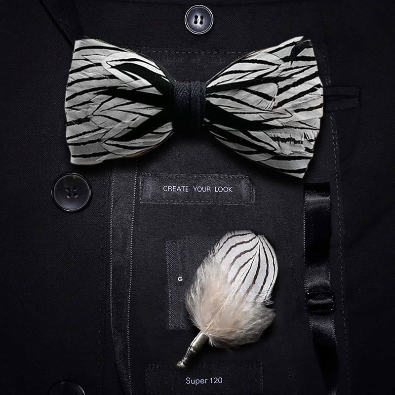 Papillon con piume a strisce zebrate in bianco e nero con spilla da bavero - Adulto - image 0
