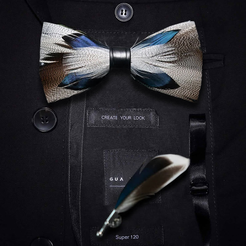 Papillon con piume di pavone marrone e blu con spilla da bavero - Adulto - image 0