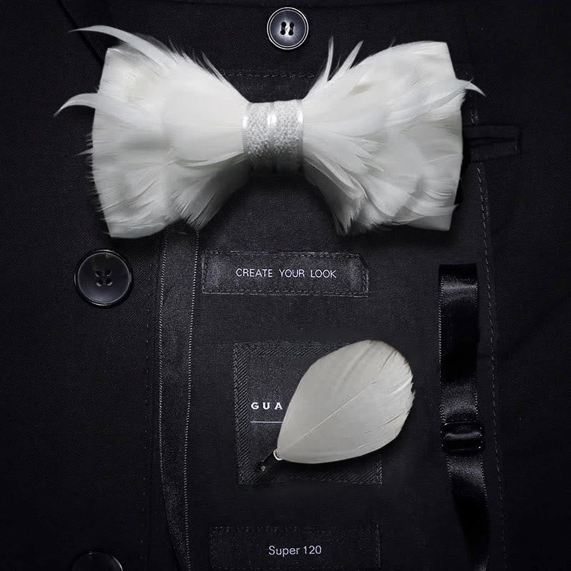 Papillon con piume di principe bianco puro e spilla da bavero - Adulto - image 0