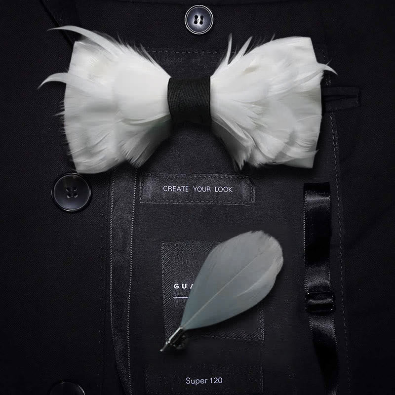 Papillon elegante con piume bianco e nero con spilla da bavero - Adulto - image 0