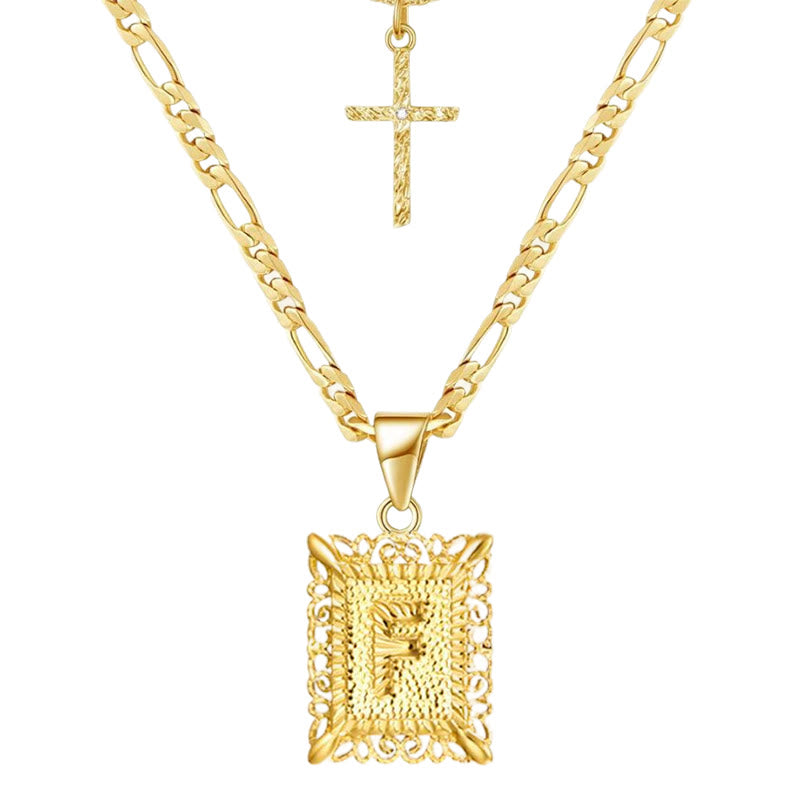Collana con doppia catena cava con lettera quadrata dorata e croce - F - image 8