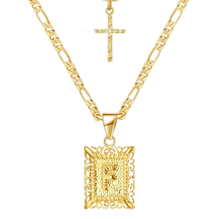 Collana con doppia catena cava con lettera quadrata dorata e croce - F - image 8