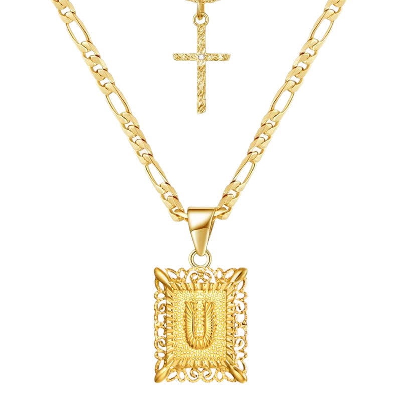 Collana con doppia catena cava con lettera quadrata dorata e croce - U - image 23