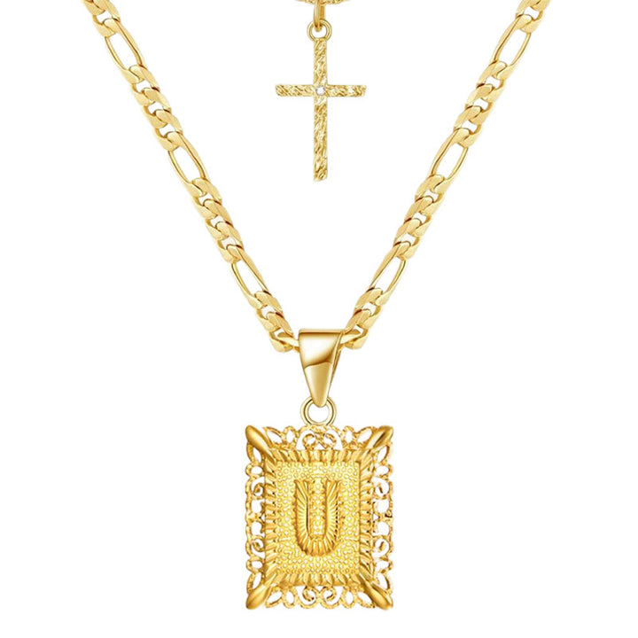 Collana con doppia catena cava con lettera quadrata dorata e croce - U - image 23