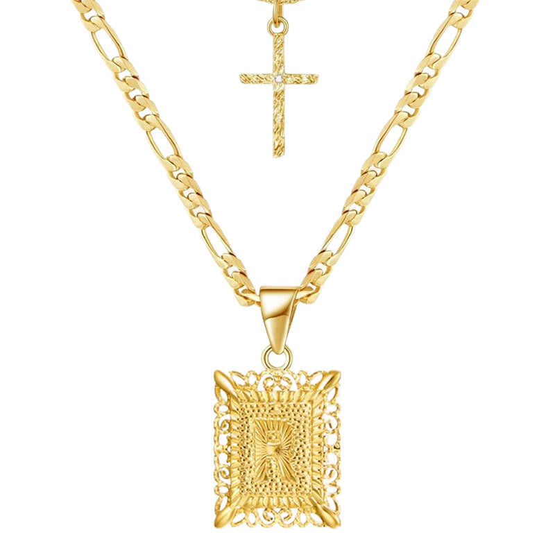 Collana con doppia catena cava con lettera quadrata dorata e croce - R - image 20