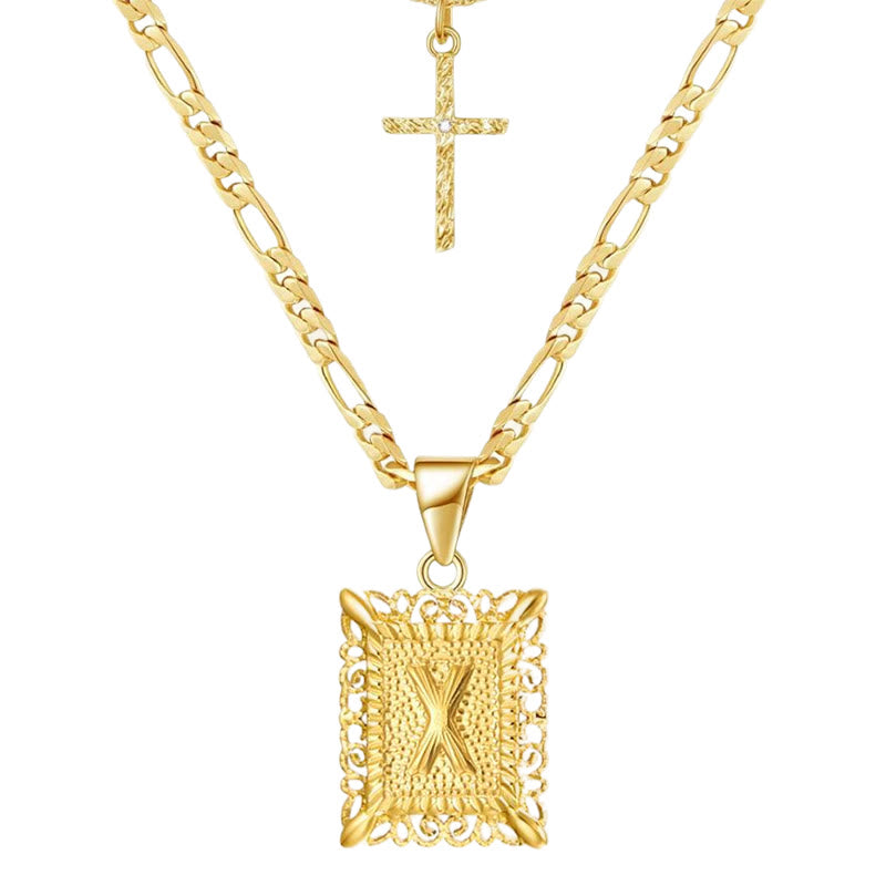 Collana con doppia catena cava con lettera quadrata dorata e croce - X - image 26
