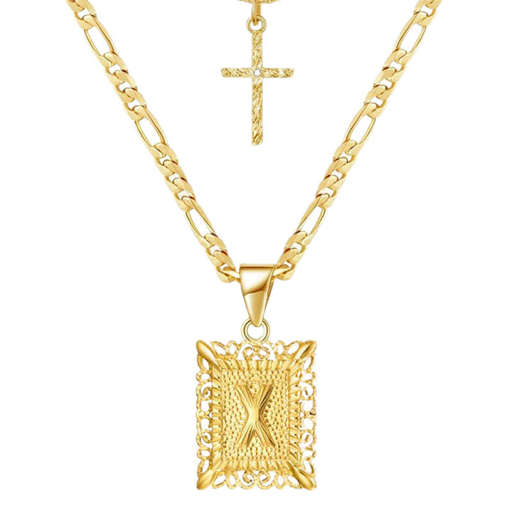Collana con doppia catena cava con lettera quadrata dorata e croce - X - image 26